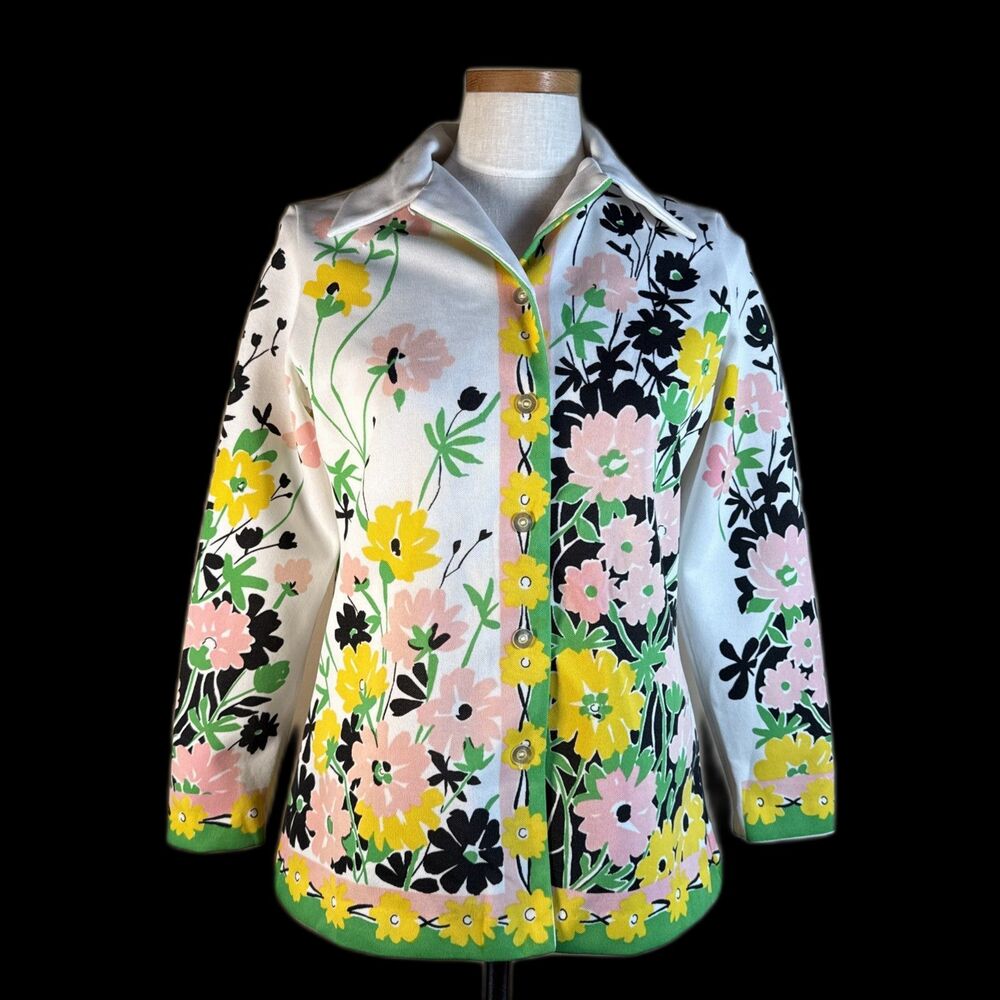 Vintage 70s Blouse Double Knit Groovy Yellow Floral Big Collar Smartique 34